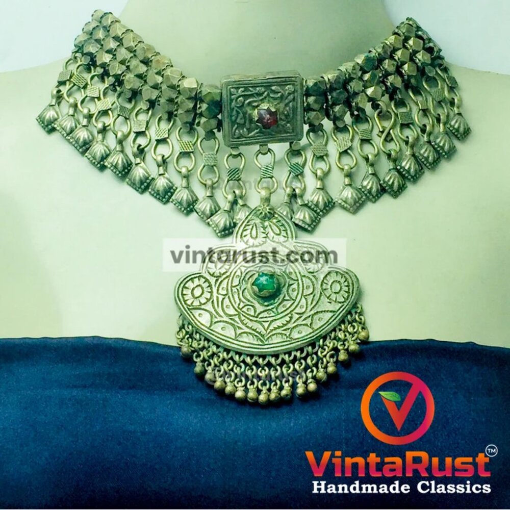 Vintage Tribal Pendant Necklace, Bohemian Multilayers Beaded Chain Necklace